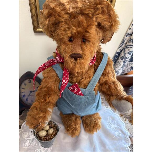 Other - Large Mohair Teddy Bear 18” Farmer Overalls Egg Pail By Luckeye Medford Signed